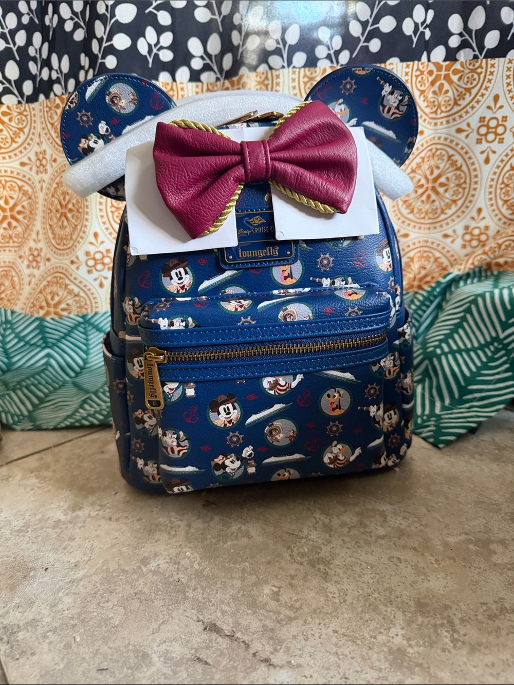 Loungefly Kids Navy Mickey Pattern Mini Backpack with Maroon Bow Accent